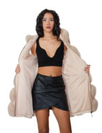 Gilet lungo in pelliccia di volpe argentata beige ecru 46 con cappuccio zip e pelle scamosciata 86 centimetri - immagine 6