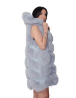 Gilet lungo in pelliccia di volpe argentata sky celeste 42 con cappuccio zip e pelle scamosciata 86 centimetri - immagine 3
