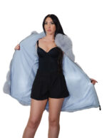 Gilet lungo in pelliccia di volpe argentata sky celeste 42 con cappuccio zip e pelle scamosciata 86 centimetri - immagine 6
