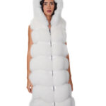 Gilet lungo 112 cm pelliccia di volpe argentata bianco shadow 52 con cappuccio zip e pelle scamosciata