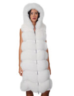 Gilet lungo 112 cm pelliccia di volpe argentata bianco shadow 54 con cappuccio zip e pelle scamosciata