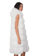 Gilet lungo 112 cm pelliccia di volpe argentata bianco shadow 54 con cappuccio zip e pelle scamosciata - immagine 3