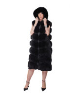 Gilet lungo 112 cm pelliccia di volpe argentata black nero 56 con cappuccio zip e pelle scamosciata - immagine 4