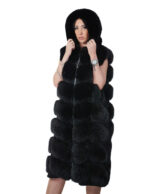 Gilet lungo 112 cm pelliccia di volpe argentata black nero 56 con cappuccio zip e pelle scamosciata