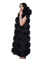 Gilet lungo 112 cm pelliccia di volpe argentata black nero 56 con cappuccio zip e pelle scamosciata - immagine 2