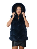 Gilet corto piumino e pelliccia di volpe blu 46 lavorazione a V chiusura zip tasche esterne cappuccio bordato pelliccia