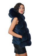 Gilet corto piumino e pelliccia di volpe blu 46 lavorazione a V chiusura zip tasche esterne cappuccio bordato pelliccia - immagine 3