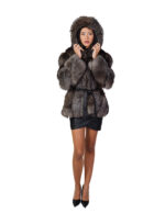 Fox fur jacket V-worked 44 silver groellandia hood outer belt leather - Image 4