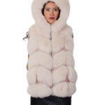 Short vest with pink fox fur and down jacket, size 44, V-neck, zip fastening, external pockets, fur-lined hood