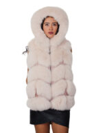 Gilet corto piumino e pelliccia di volpe rosa 44 lavorazione a V chiusura zip tasche esterne cappuccio bordato pelliccia