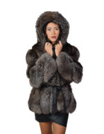 Fox fur jacket V-worked 44 silver groellandia hood outer belt leather