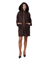 Sheepskin coat with fur lining, size 48, dark brown, zip closure, pockets, detachable hood - Image 4