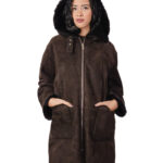 Sheepskin coat with fur lining, size 44, dark brown, zip closure, pockets, detachable hood