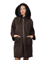 Sheepskin coat with fur lining, size 48, dark brown, zip closure, pockets, detachable hood