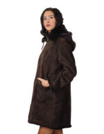 Sheepskin coat with fur lining, size 48, dark brown, zip closure, pockets, detachable hood - Image 2