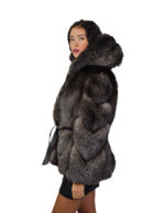 Fox fur jacket V-worked 44 silver groellandia hood outer belt leather - Image 3