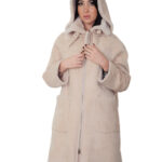 Sheepskin coat with fur lining, size 42, beige denim, zip closure, pockets, detachable hood