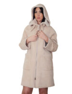 Sheepskin coat with fur lining, size 42, beige denim, zip closure, pockets, detachable hood