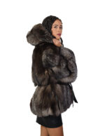 Fox fur jacket V-worked 44 silver groellandia hood outer belt leather - Image 2