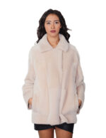 76 cm sheepskin coat, fur inside and suede outside, size 42, beige, Alba, button closure, reversible clip, external pockets - Image 6