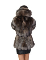 Fox fur jacket V-worked 44 silver groellandia hood outer belt leather - Image 5
