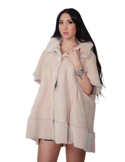 Bell-effect sheepskin cape size 42 beige alba completely reversible short sleeves clip button closure