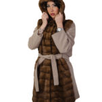 Cashmere and mink fur coat 44 demi and beige with belt and hood outer pockets