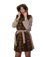 Cappotto in cashmere e pelliccia di visone 44 demi e beige con cintura e cappuccio tasche esterne