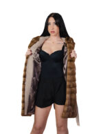 Cappotto in cashmere e pelliccia di visone 44 demi e beige con cintura e cappuccio tasche esterne - immagine 6