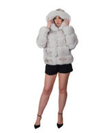 Giacca lunga 64 cm 46 pelliccia volpe bianco groellandia lavorazione orizzontale con maniche lunghe e cappuccio - immagine 4