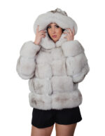 Giacca lunga 64 cm 46 pelliccia volpe bianco groellandia lavorazione orizzontale con maniche lunghe e cappuccio