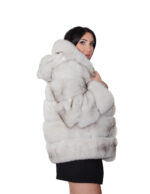 Giacca lunga 64 cm 46 pelliccia volpe bianco groellandia lavorazione orizzontale con maniche lunghe e cappuccio - immagine 3