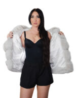 Giacca lunga 64 cm 46 pelliccia volpe bianco groellandia lavorazione orizzontale con maniche lunghe e cappuccio - immagine 6