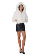 Horizontal fox fur jacket with short hood, 50 cm, size 46, optical white, three-quarter sleeves with leather cuffs - Image 4
