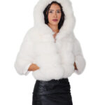 Horizontal fox fur jacket with short hood, 50 cm, size 46, optical white, three-quarter sleeves with leather cuffs
