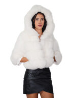 Horizontal fox fur jacket with short hood, 50 cm, size 46, optical white, three-quarter sleeves with leather cuffs
