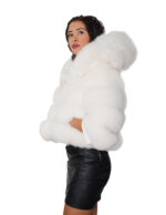 Horizontal fox fur jacket with short hood, 50 cm, size 46, optical white, three-quarter sleeves with leather cuffs - Image 2