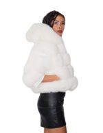 Horizontal fox fur jacket with short hood, 50 cm, size 46, optical white, three-quarter sleeves with leather cuffs - Image 3