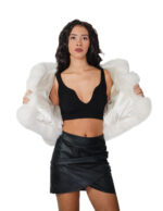 Horizontal fox fur jacket with short hood, 50 cm, size 46, optical white, three-quarter sleeves with leather cuffs - Image 6