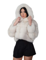 Short horizontal fox fur jacket 50cm size 46 white shaded three-quarter sleeve hood external pockets