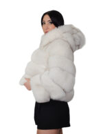 Short horizontal fox fur jacket 50cm size 46 white shaded three-quarter sleeve hood external pockets - Image 2