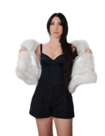 Short horizontal fox fur jacket 50cm size 46 white shaded three-quarter sleeve hood external pockets - Image 6