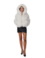 Short V-neck fox fur jacket, 54cm zip closure, size 46, shaded white hood, three-quarter sleeves, external pockets - Image 4