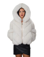 Short V-neck fox fur jacket, 54cm zip closure, size 46, shaded white hood, three-quarter sleeves, external pockets