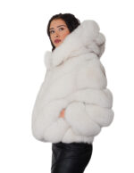 Short V-neck fox fur jacket, 54cm zip closure, size 46, shaded white hood, three-quarter sleeves, external pockets - Image 2