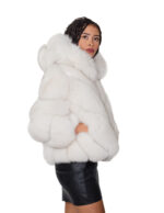 Short V-neck fox fur jacket, 54cm zip closure, size 46, shaded white hood, three-quarter sleeves, external pockets - Image 3