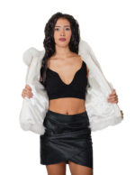 Short V-neck fox fur jacket, 54cm zip closure, size 46, shaded white hood, three-quarter sleeves, external pockets - Image 6
