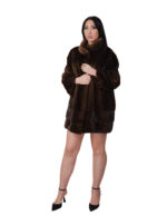 Brown demi-brown mink fur trimmed coat, 50s vertical and horizontal, long sleeves, external pockets - Image 4
