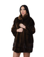 Brown demi-brown mink fur trimmed coat, 50s vertical and horizontal, long sleeves, external pockets