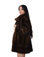 Brown demi-brown mink fur trimmed coat, 50s vertical and horizontal, long sleeves, external pockets - Image 3